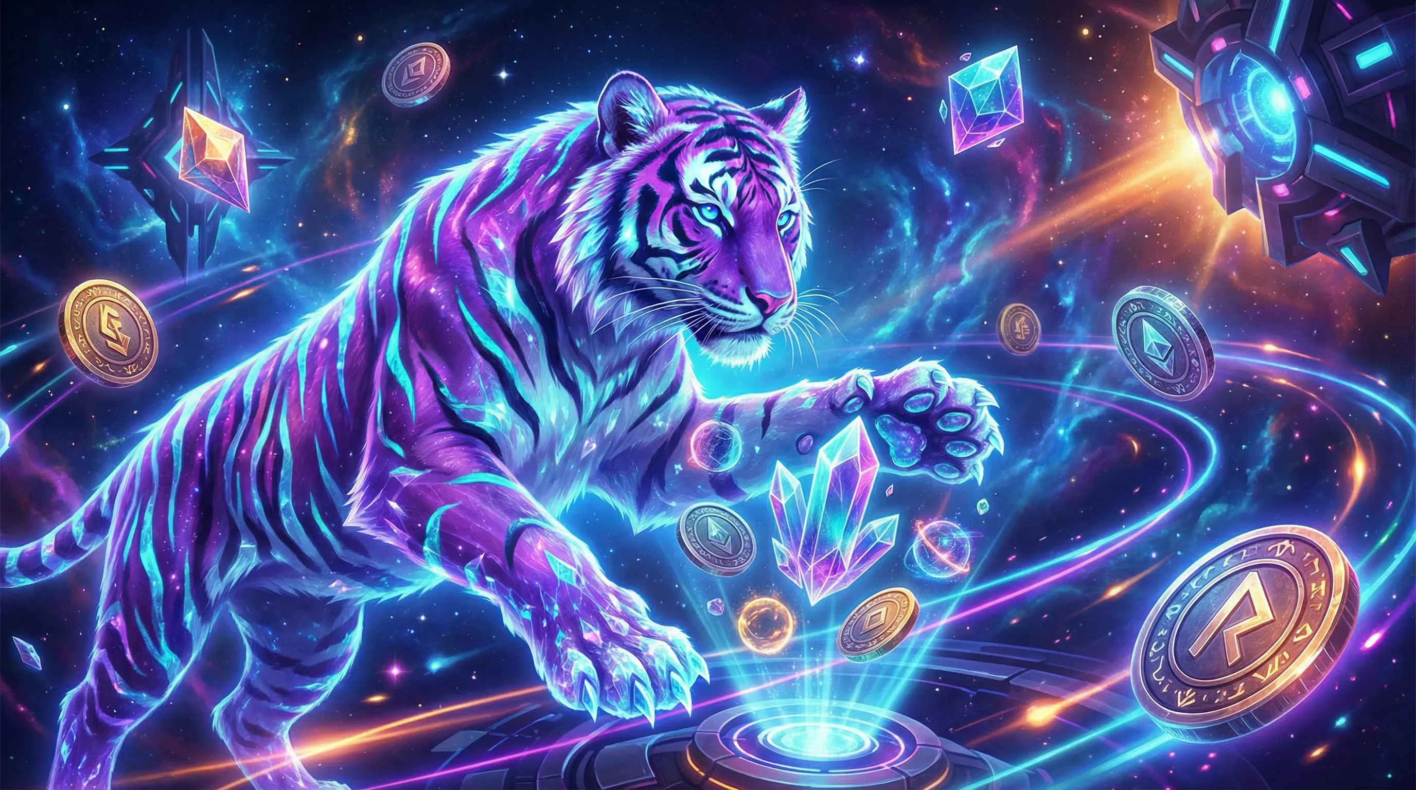 Tigre cósmico com moedas e cristais flutuantes